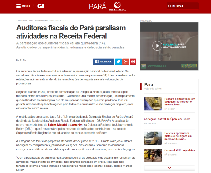 Matéria - Auditores Federais do Pará paralisam atividades na RF - G1-PA - 13-01-2016